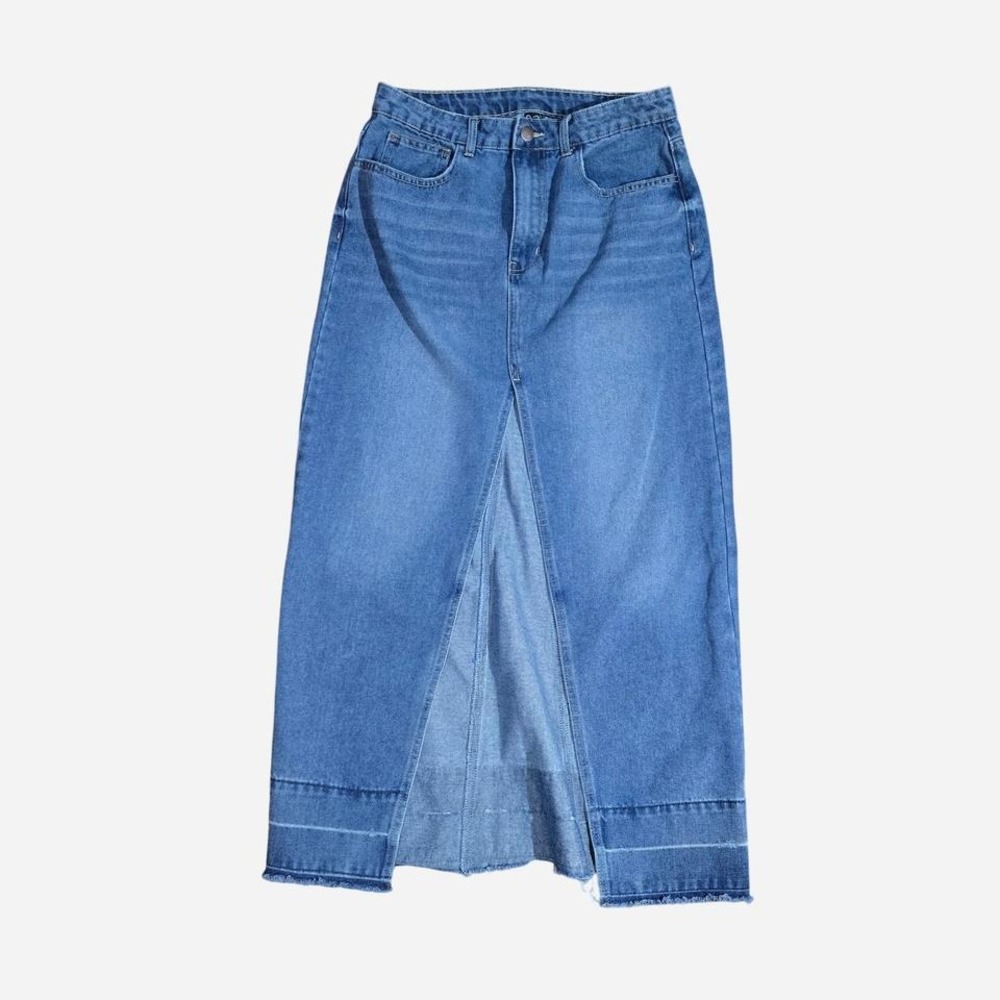 Windsor Denim Maxi Skirt Womens Medium Blue Excellent High Waist Frayed Hem Slit